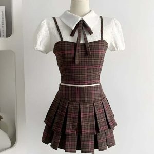 Kawaii Y2K Plaid Two-Piece Set: Aesthetic Coquette Style Outfit