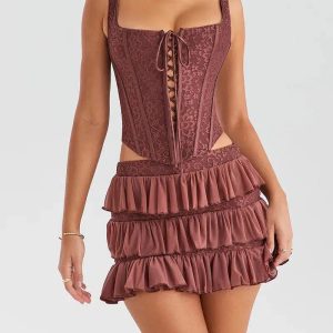 Lace Corset Top & Pink Ruffle Mini Skirt Set - Y2K Aesthetic Outfit