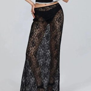 Lace Sheer Low Rise Maxi Skirt - Y2K Aesthetic Coquette Fashion Essential