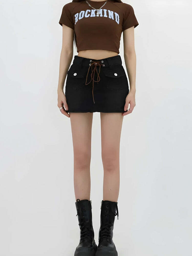 Lace-Up Belted Denim Mini Skort - Y2K Aesthetic Coquette Style