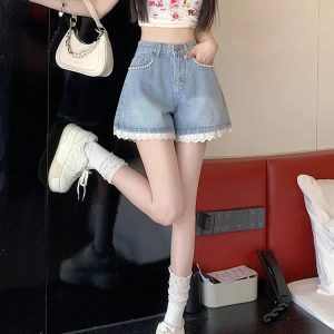 Lace Wide Leg Denim Shorts - Y2K Fashion, Aesthetic Coquette Style