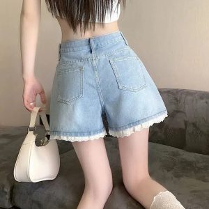 Lace Wide Leg Denim Shorts - Y2K Fashion, Aesthetic Coquette Style