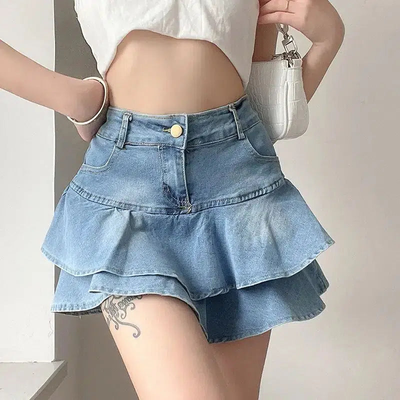 Layered Ruffled Denim Mini Skirt - Y2K Aesthetic Coquette Style