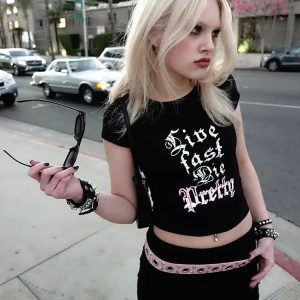 Live Fast Die Pretty Tee - Y2K Aesthetic Grunge Top for Trendy Styles