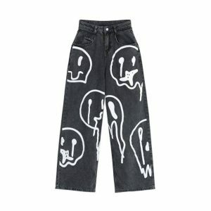 Melting Smiley Print Jeans - Y2K Aesthetic Grunge Style for Trendy Looks