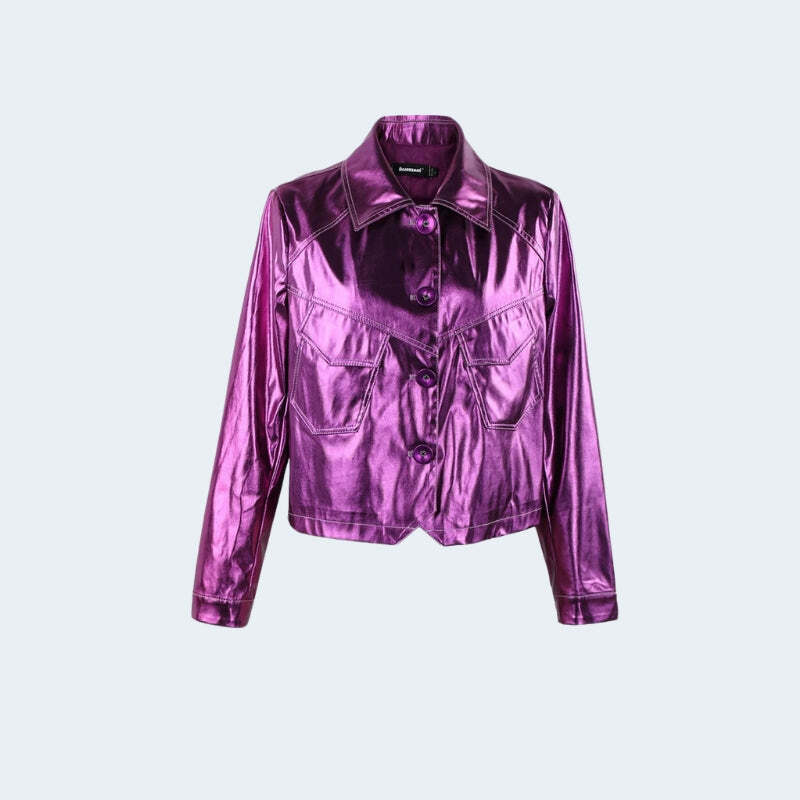 Metallic Fuchsia Faux Leather Jacket - Y2K Aesthetic Fashion Essential