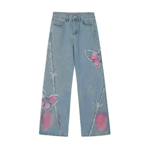 Pastel Butterfly Wide Leg Jeans - Y2K Aesthetic Grunge Fashion Statement