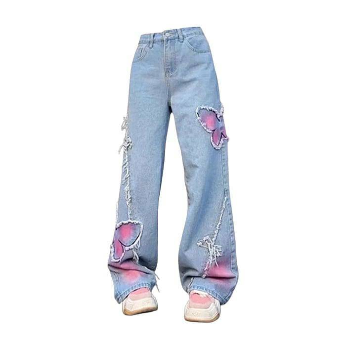 Pastel Butterfly Wide Leg Jeans - Y2K Aesthetic Grunge Fashion Statement