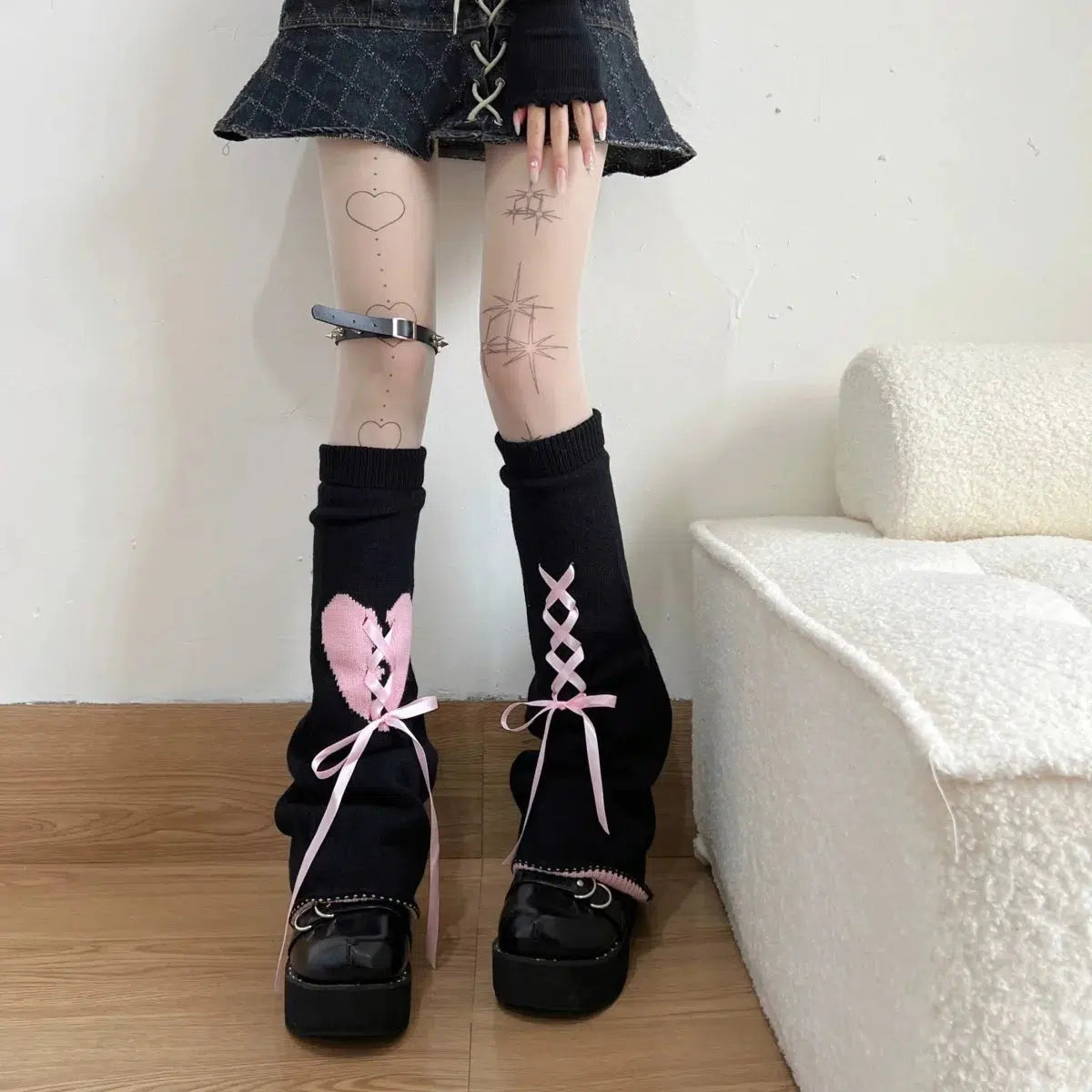 Pastel Goth Lace-Up Leg Warmers for Aesthetic Grunge & Coquette Styles