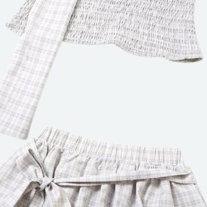 Plaid Ruched Top & Balloon Mini Skirt Set - Y2K Aesthetic Coquette Style