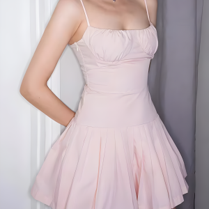 Pleated Pink Mini Dress with Front Clasp Buckles - Y2K Aesthetic Fashion