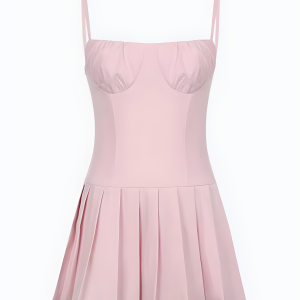 Pleated Pink Mini Dress with Front Clasp Buckles - Y2K Aesthetic Fashion