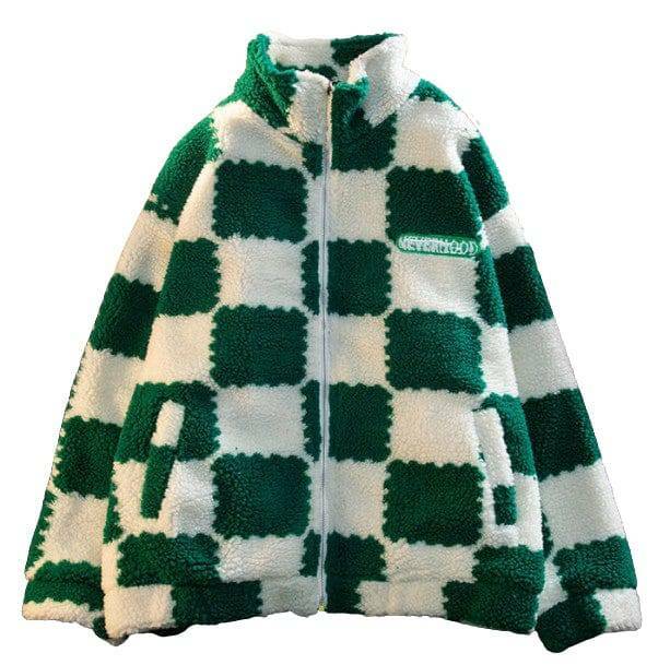 Plush Checkered Jacket: Y2K Fashion Meets Aesthetic Coquette Style