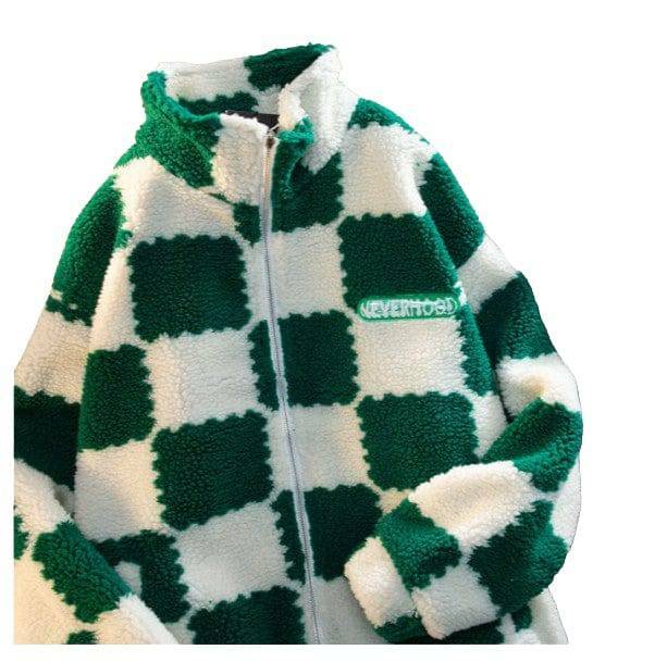 Plush Checkered Jacket: Y2K Fashion Meets Aesthetic Coquette Style