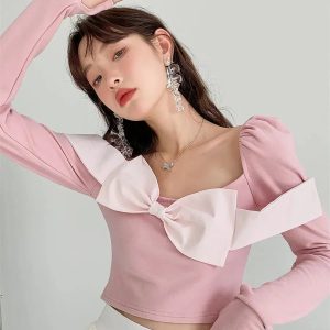 Puff Shoulder Bow Crop Top - Y2K Aesthetic Coquette Fashion Essential