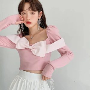 Puff Shoulder Bow Crop Top - Y2K Aesthetic Coquette Fashion Essential