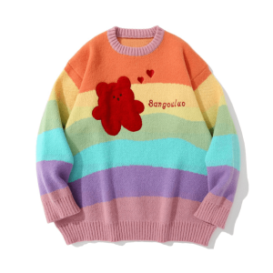 Rainbow Bear Sweater: Y2K Aesthetic, Cozy Grunge Style for Trendy Looks