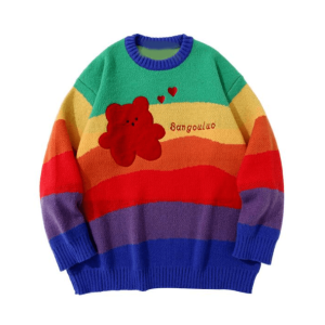 Rainbow Bear Sweater: Y2K Aesthetic, Cozy Grunge Style for Trendy Looks