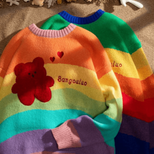 Rainbow Bear Sweater: Y2K Aesthetic, Cozy Grunge Style for Trendy Looks