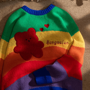 Rainbow Bear Sweater: Y2K Aesthetic, Cozy Grunge Style for Trendy Looks