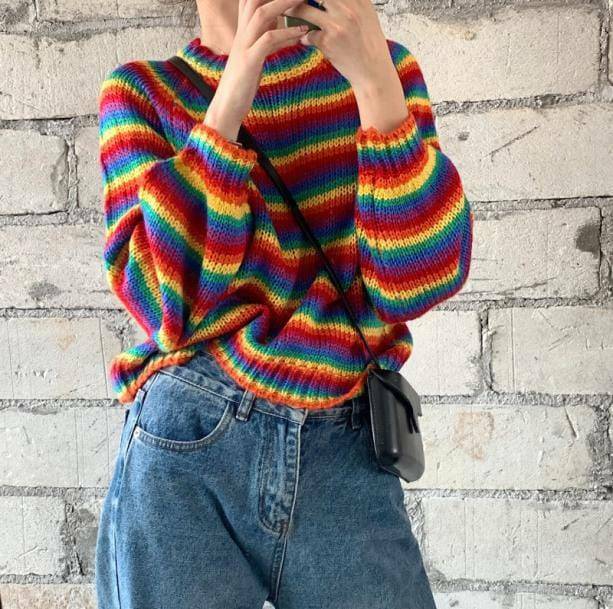 Rainbow Vibes Sweater: Y2K Aesthetic, Cozy Grunge Style for Trendsetters