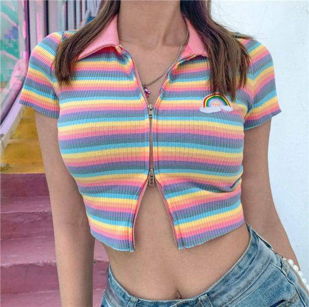 Rainbow Zipper Up Top - Y2K Fashion, Aesthetic Coquette Style