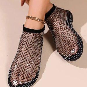 Rhinestone Fishnet Ballerina Flats - Y2K Aesthetic Coquette Style