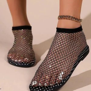 Rhinestone Fishnet Ballerina Flats - Y2K Aesthetic Coquette Style