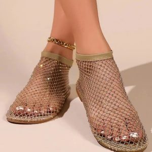 Rhinestone Fishnet Ballerina Flats - Y2K Aesthetic Coquette Style