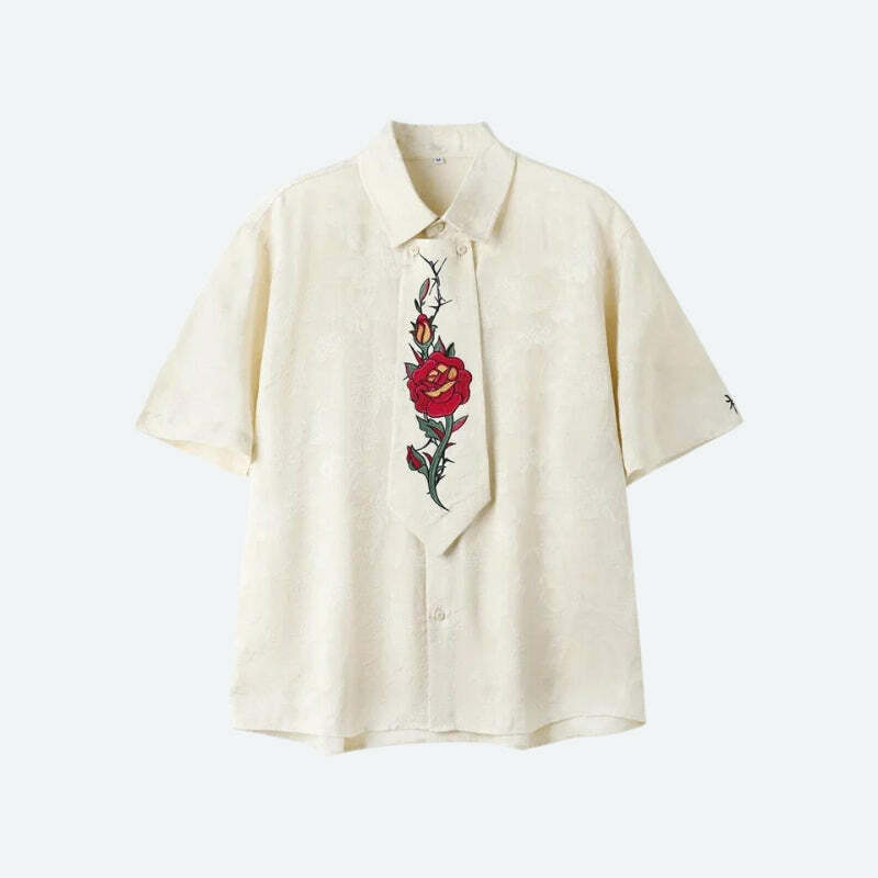 Rose Embroidery Tie Shirt - Aesthetic Coquette Style for Y2K Fashion