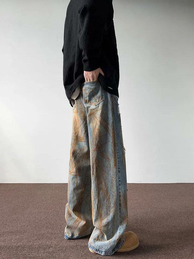 Rusty Pattern Wide Leg Denim Jeans - Y2K Aesthetic Grunge Style