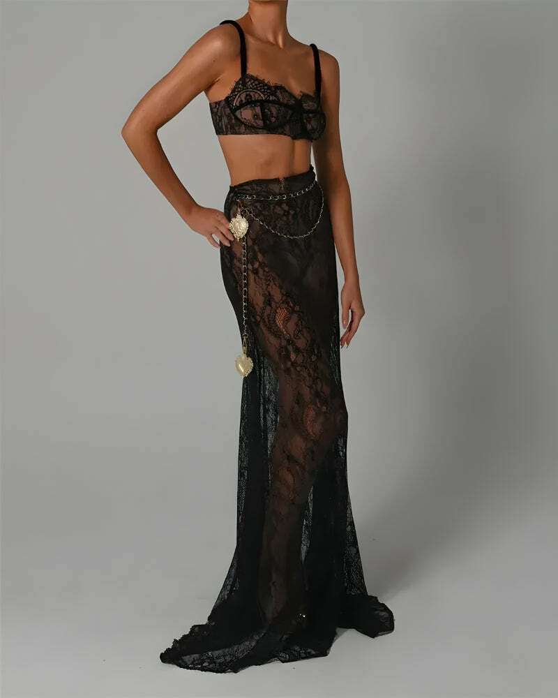 Sheer Lace Two-Piece Set: Y2K Fashion Meets Aesthetic Coquette Style