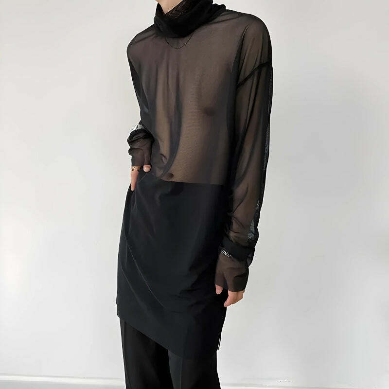 Sheer Mesh Turtle Neck Top - Y2K Fashion Essential for Aesthetic Outfits