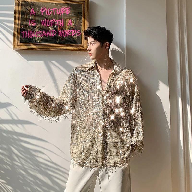 Shiny Sequin Sheer Shirt - Y2K Aesthetic Top for Trendy Outfits