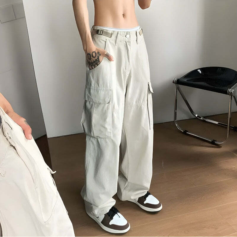 Side Belt Detailed Baggy Cargo Pants - Y2K Aesthetic & Grunge Style