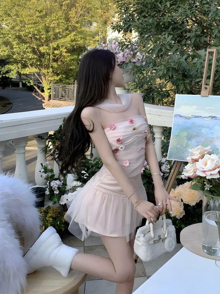 Soft Girl Aesthetic Flower Tube Top & Tulle Mini Skirt Set