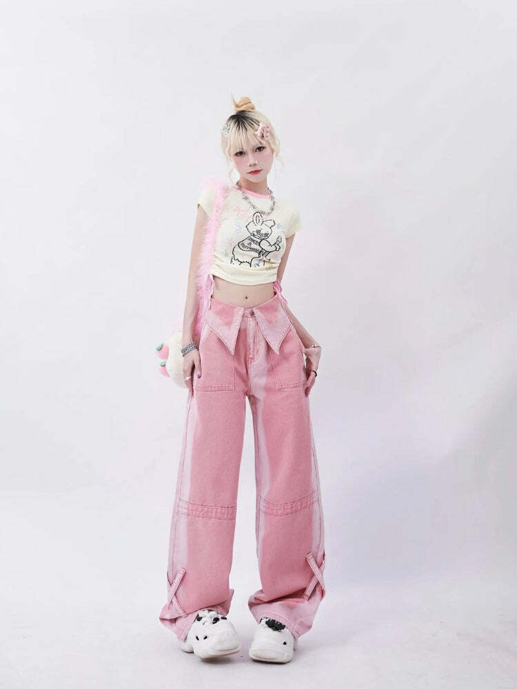 Soft Girl Aesthetic Folded Waist Jeans for Trendy Y2K Fashion