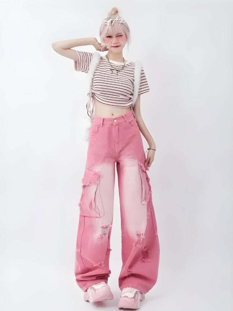 Soft Girl Distressed Cargo Jeans - Y2K Aesthetic Grunge Style