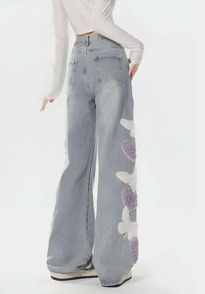 Soft Girl Fluffy Heart Butterfly Jeans - Aesthetic Y2K Fashion Essential