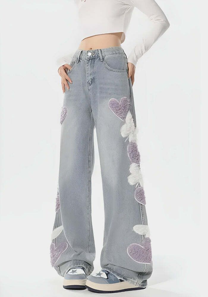 Soft Girl Fluffy Heart Butterfly Jeans - Aesthetic Y2K Fashion Essential