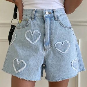 Soft Girl Heart Patch Denim Shorts - Y2K Aesthetic Coquette Style