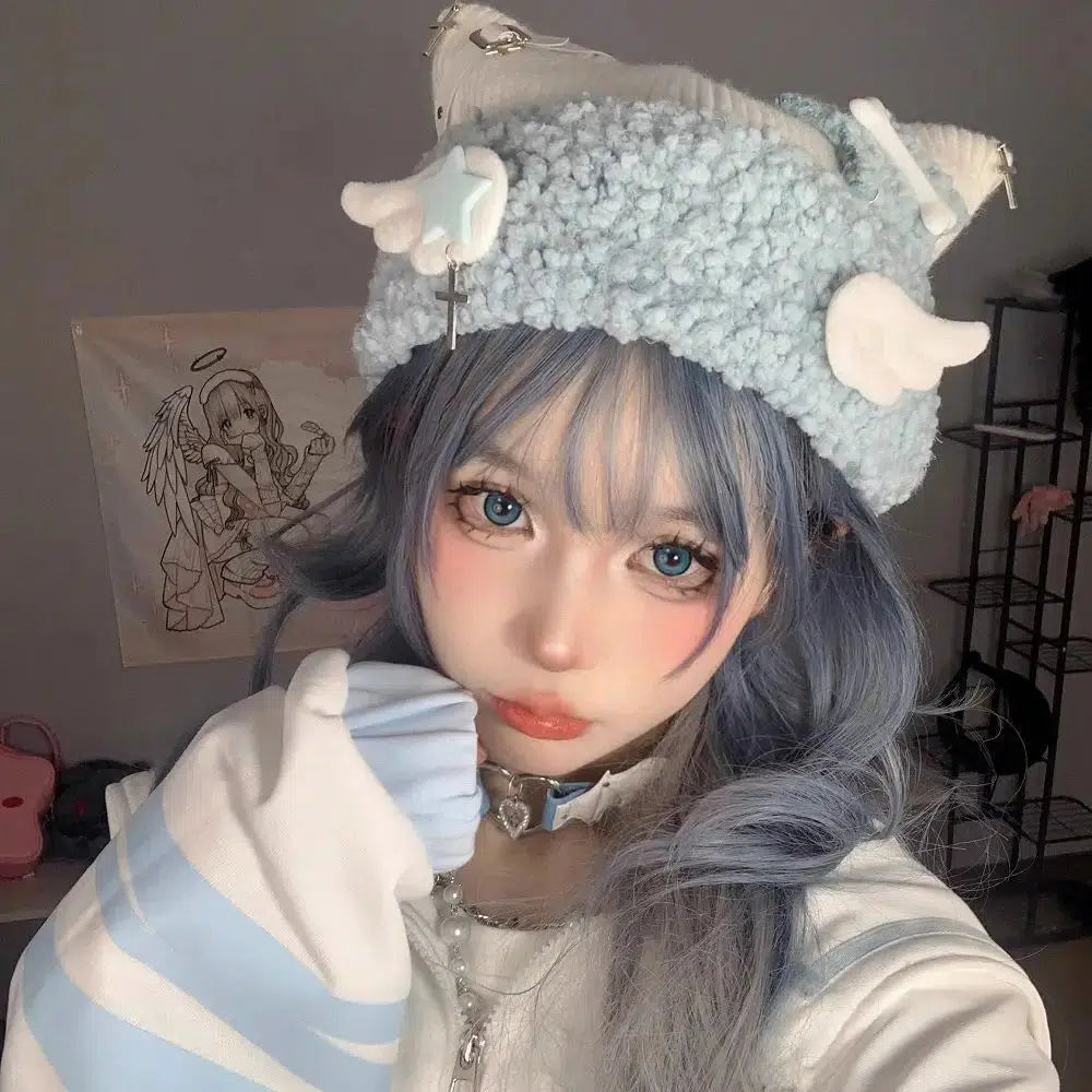 Soft Girl Kawaii Knitted Beanie with Wings - Aesthetic Winter Fashion