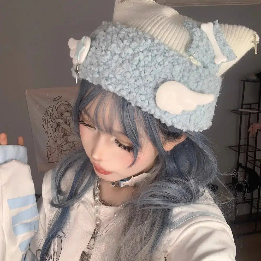 Soft Girl Kawaii Knitted Beanie with Wings - Aesthetic Winter Fashion