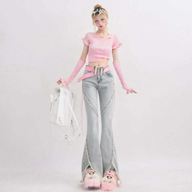 Soft Girl Lace-Up Slit Flare Jeans - Y2K Aesthetic Fashion Essential