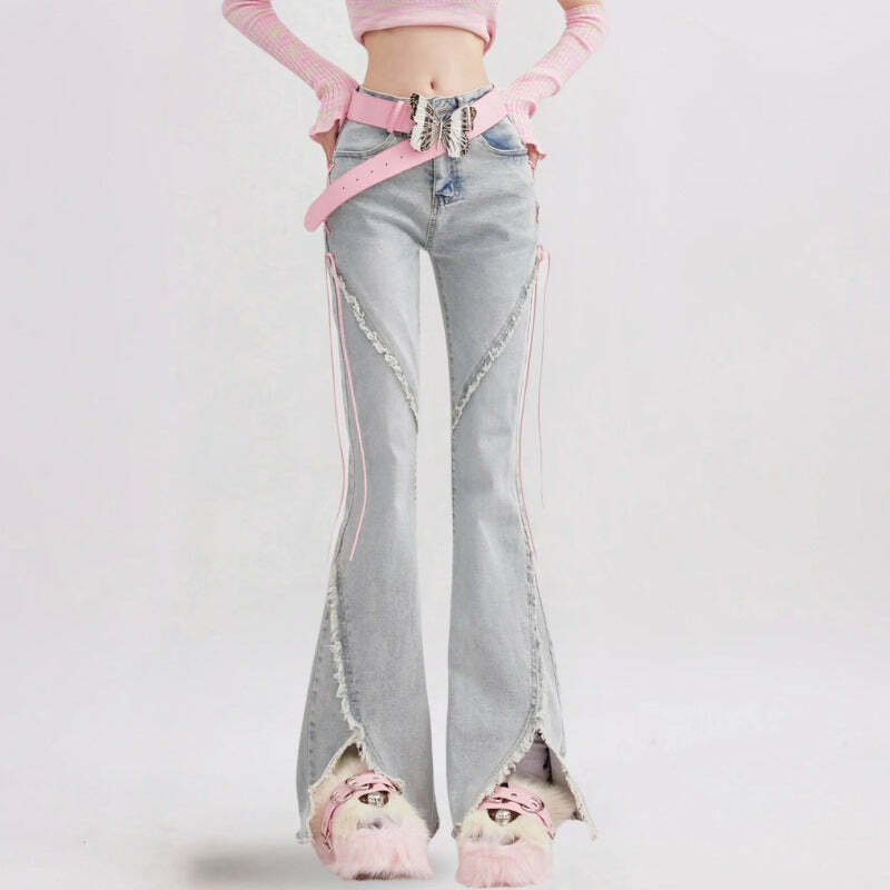 Soft Girl Lace-Up Slit Flare Jeans - Y2K Aesthetic Fashion Essential