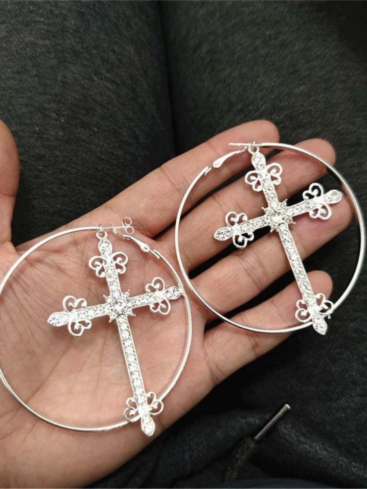 Sparkle Cross Hoop Earrings - Aesthetic Jewelry for Y2K and Coquette Styles