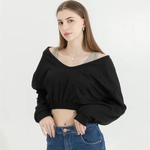 Strap Detailed Wide Neck Crop Sweatshirt - Y2K Aesthetic Fashion Essential