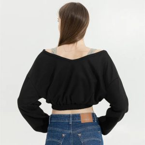 Strap Detailed Wide Neck Crop Sweatshirt - Y2K Aesthetic Fashion Essential