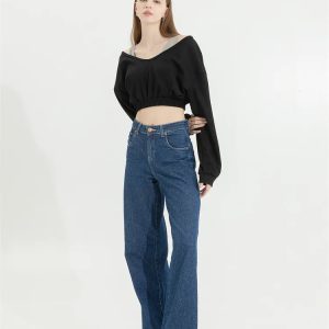 Strap Detailed Wide Neck Crop Sweatshirt - Y2K Aesthetic Fashion Essential