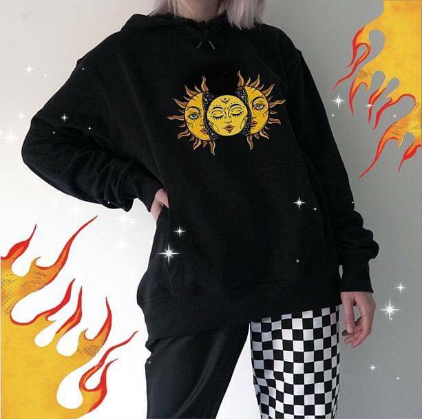 Sun Moon Face Hoodie - Aesthetic Grunge Style for Trendy Outfits